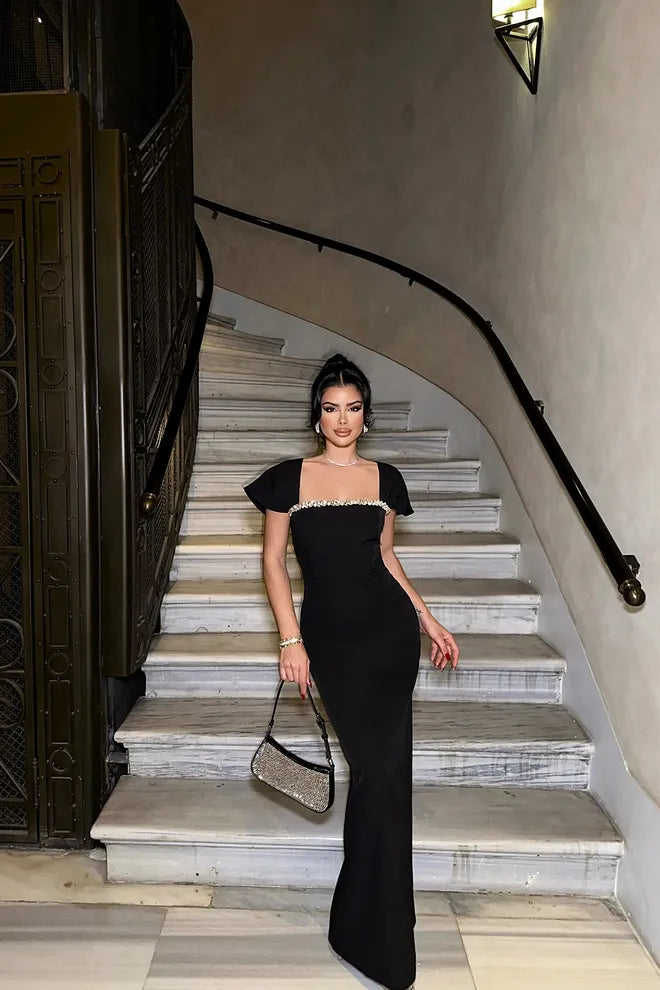 Zwarte midi-jurk met Strass