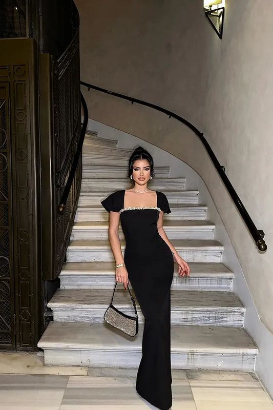 Zwarte midi-jurk met Strass