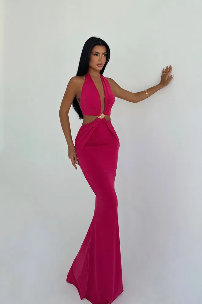 Maxi Mouwloze Bodycon Jurk met Halter Hals